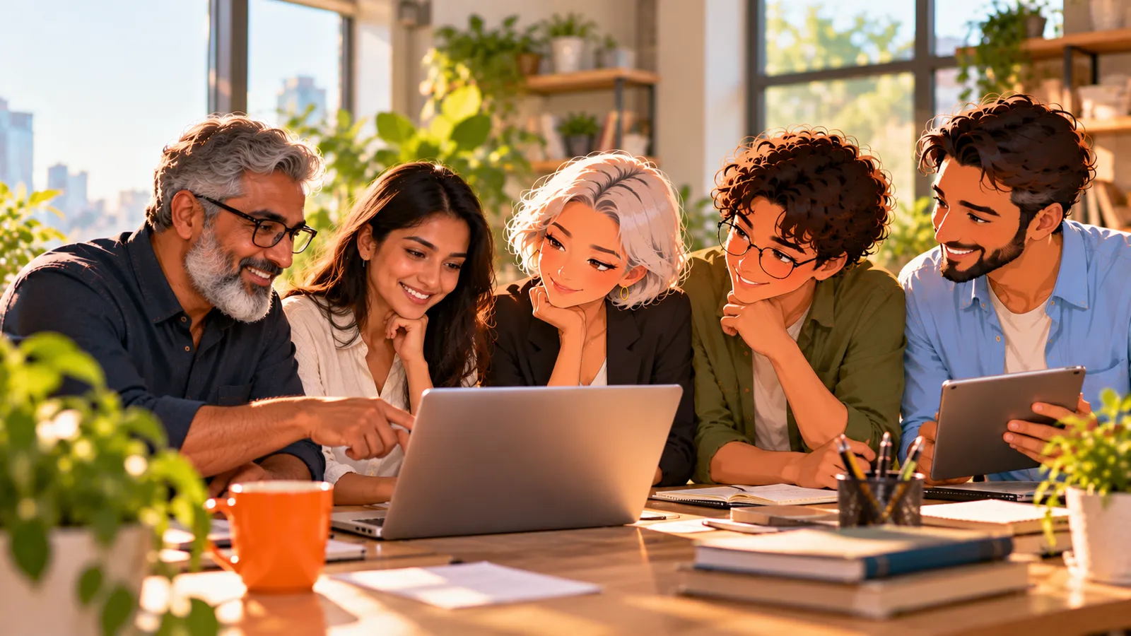 Two colleagues review a laptop at a shared table while illustrated Brainwrite AI agents sit with them.